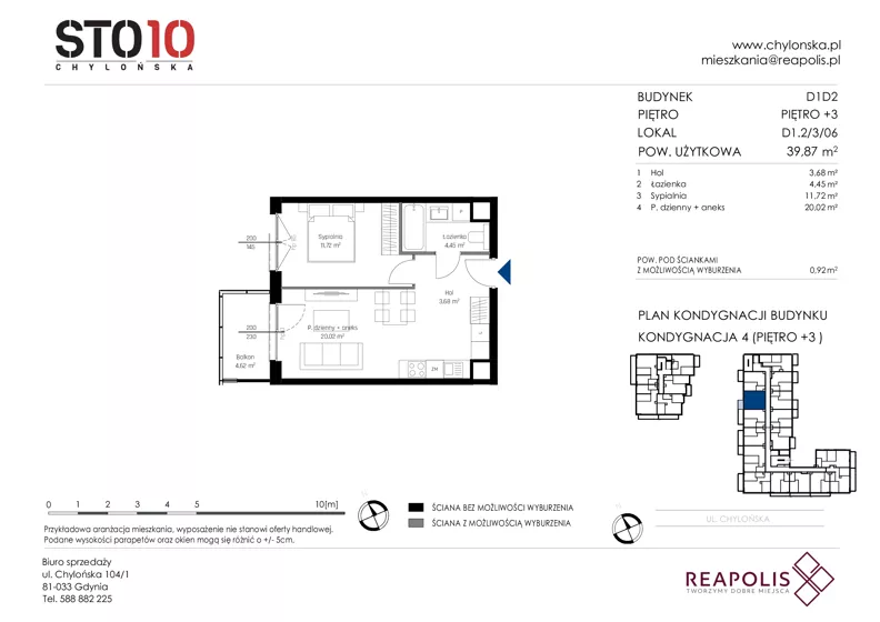 2 pokoje, mieszkanie 39,87 m², piętro 3, oferta nr CH110/M/D1.2.3.06, STO10 Chylońska - Etap 4, Gdynia, Chylonia, ul. Chylońska 110, 110c