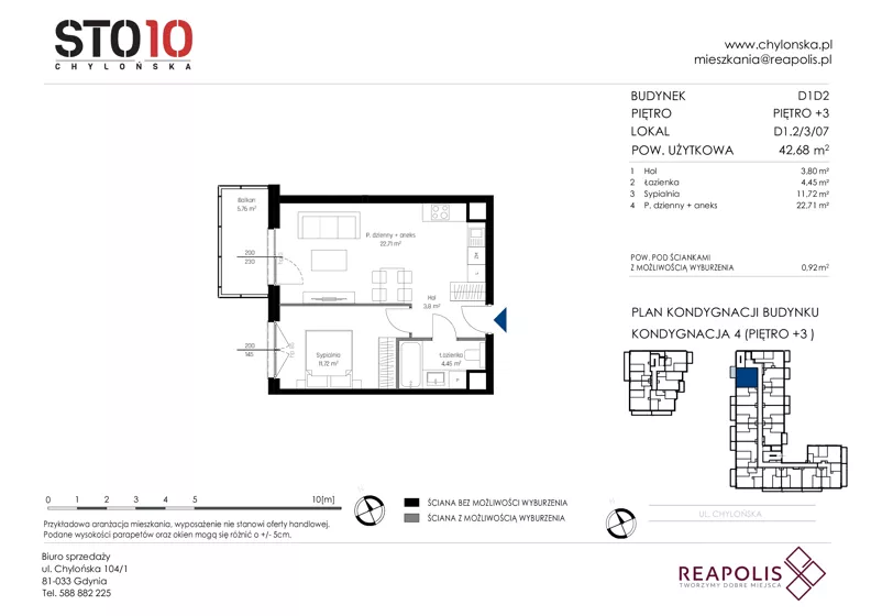 2 pokoje, mieszkanie 42,68 m², piętro 3, oferta nr CH110/M/D1.2.3.07, STO10 Chylońska - Etap 4, Gdynia, Chylonia, ul. Chylońska 110, 110c