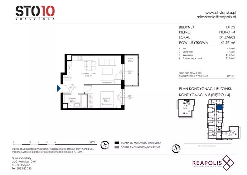 2 pokoje, mieszkanie 41,57 m², piętro 4, oferta nr CH110/M/D1.2.4.02, STO10 Chylońska - Etap 4, Gdynia, Chylonia, ul. Chylońska 110, 110c