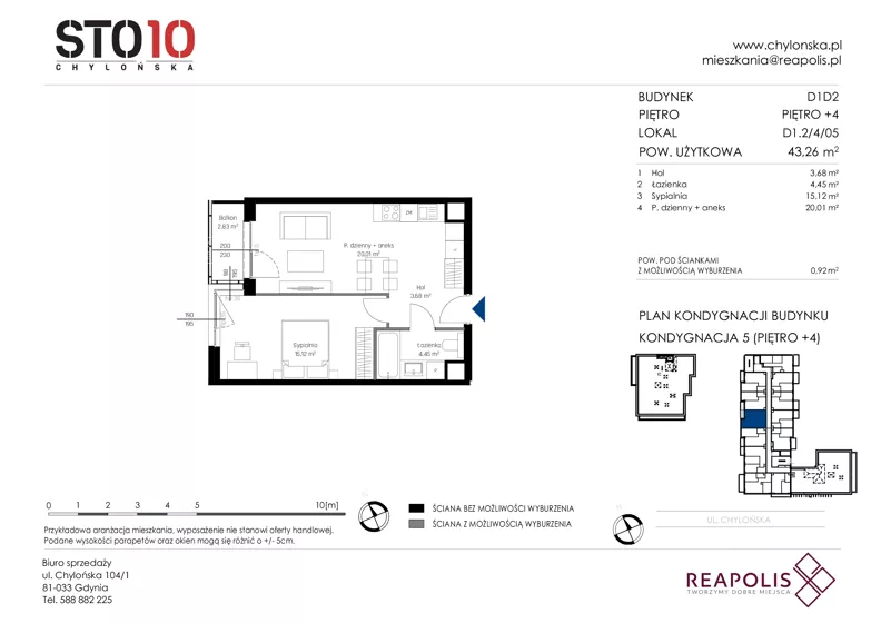2 pokoje, mieszkanie 43,26 m², piętro 4, oferta nr CH110/M/D1.2.4.05, STO10 Chylońska - Etap 4, Gdynia, Chylonia, ul. Chylońska 110, 110c