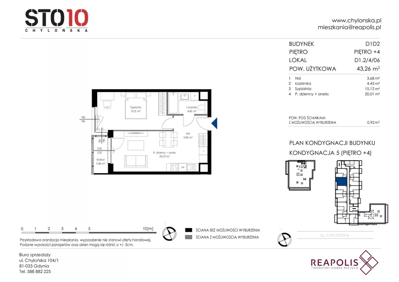 2 pokoje, mieszkanie 43,26 m², piętro 4, oferta nr CH110/M/D1.2.4.06, STO10 Chylońska - Etap 4, Gdynia, Chylonia, ul. Chylońska 110, 110c