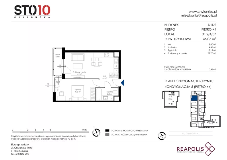 2 pokoje, mieszkanie 46,07 m², piętro 4, oferta nr CH110/M/D1.2.4.07, STO10 Chylońska - Etap 4, Gdynia, Chylonia, ul. Chylońska 110, 110c