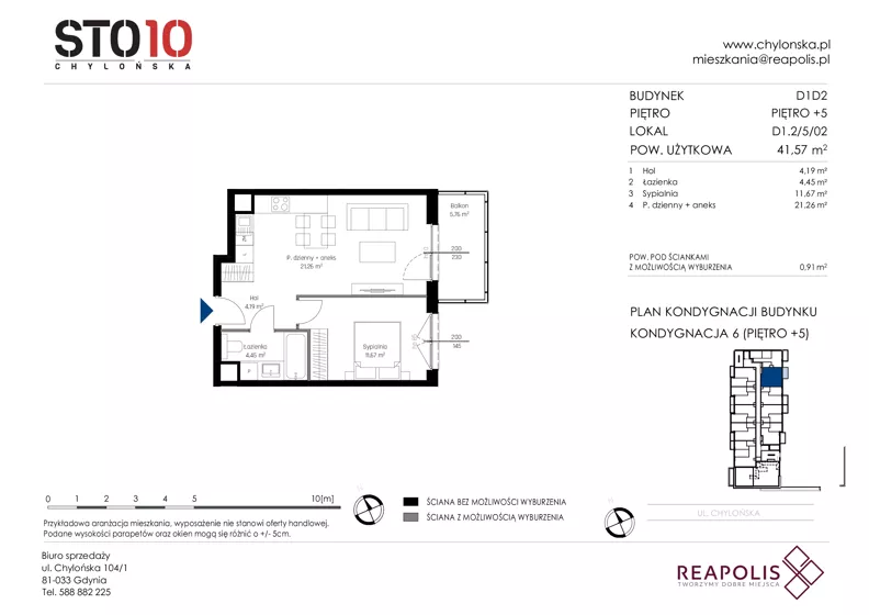 2 pokoje, mieszkanie 41,57 m², piętro 5, oferta nr CH110/M/D1.2.5.02, STO10 Chylońska - Etap 4, Gdynia, Chylonia, ul. Chylońska 110, 110c