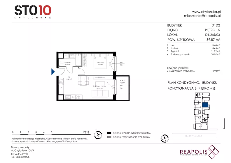 2 pokoje, mieszkanie 39,87 m², piętro 5, oferta nr CH110/M/D1.2.5.03, STO10 Chylońska - Etap 4, Gdynia, Chylonia, ul. Chylońska 110, 110c