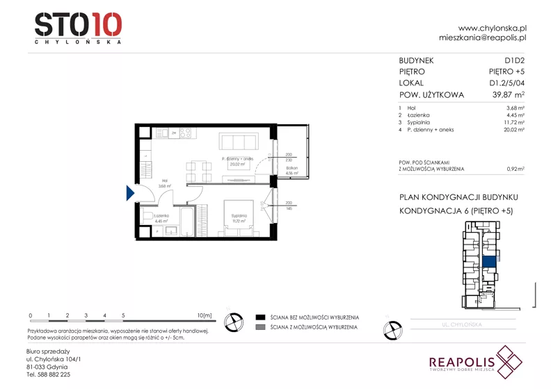 2 pokoje, mieszkanie 39,87 m², piętro 5, oferta nr CH110/M/D1.2.5.04, STO10 Chylońska - Etap 4, Gdynia, Chylonia, ul. Chylońska 110, 110c
