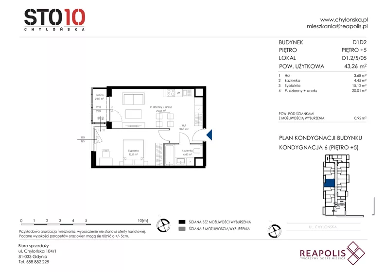 2 pokoje, mieszkanie 43,26 m², piętro 5, oferta nr CH110/M/D1.2.5.05, STO10 Chylońska - Etap 4, Gdynia, Chylonia, ul. Chylońska 110, 110c