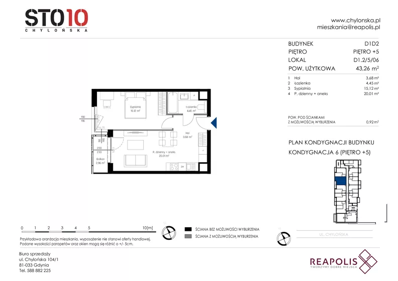 2 pokoje, mieszkanie 43,26 m², piętro 5, oferta nr CH110/M/D1.2.5.06, STO10 Chylońska - Etap 4, Gdynia, Chylonia, ul. Chylońska 110, 110c