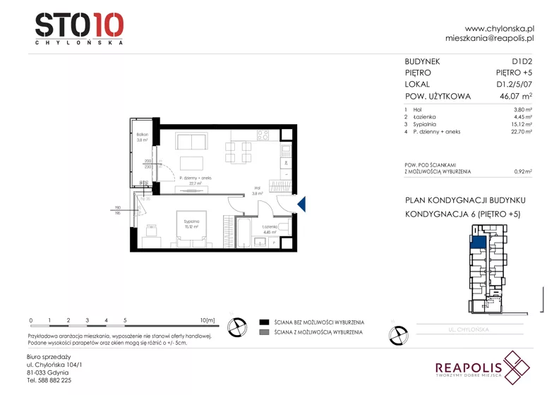 2 pokoje, mieszkanie 46,07 m², piętro 5, oferta nr CH110/M/D1.2.5.07, STO10 Chylońska - Etap 4, Gdynia, Chylonia, ul. Chylońska 110, 110c