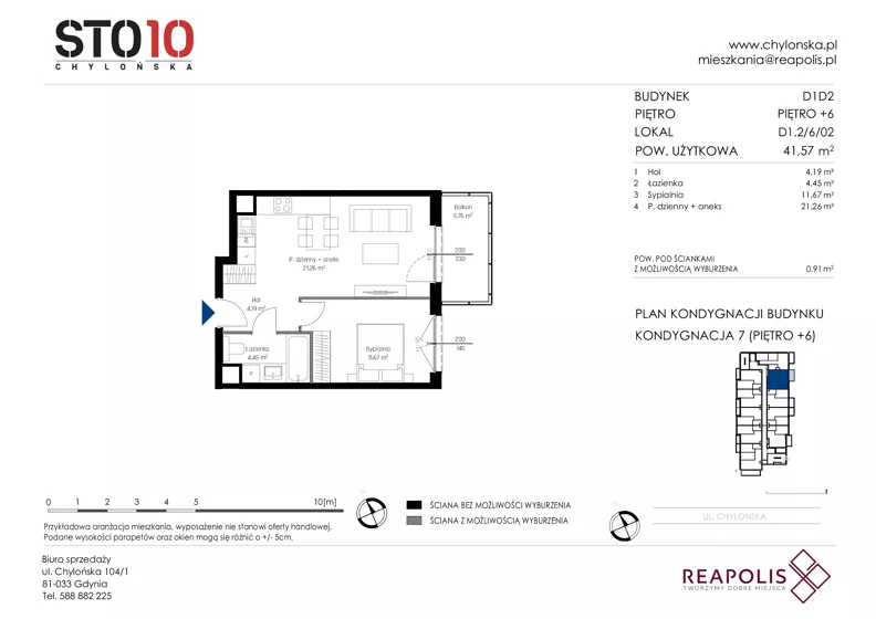 2 pokoje, mieszkanie 41,57 m², piętro 6, oferta nr CH110/M/D1.2.6.02, STO10 Chylońska - Etap 4, Gdynia, Chylonia, ul. Chylońska 110, 110c
