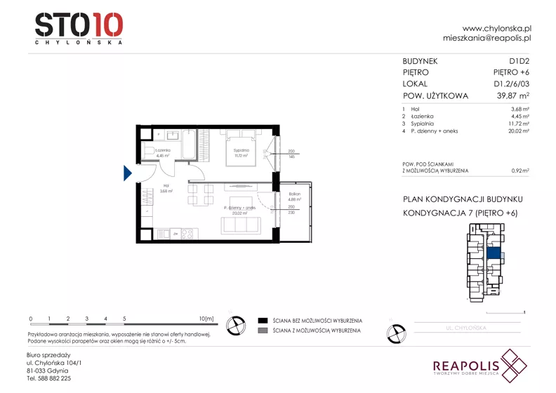 2 pokoje, mieszkanie 39,87 m², piętro 6, oferta nr CH110/M/D1.2.6.03, STO10 Chylońska - Etap 4, Gdynia, Chylonia, ul. Chylońska 110, 110c