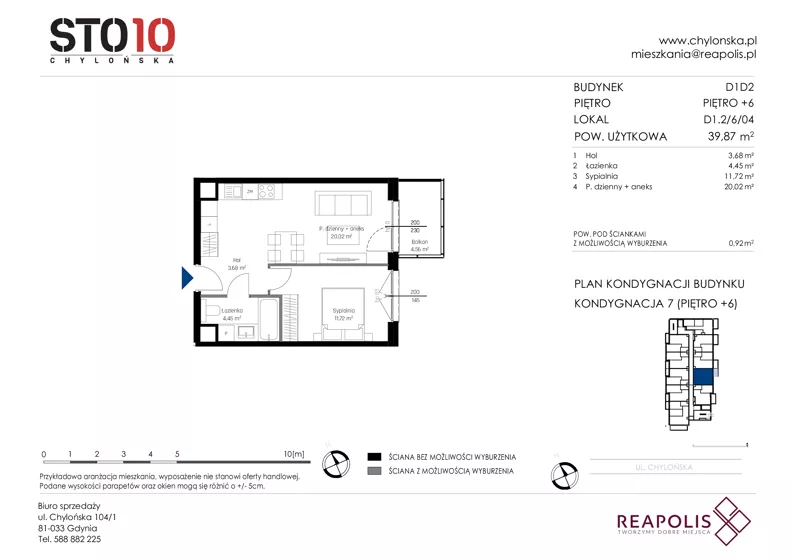 2 pokoje, mieszkanie 39,87 m², piętro 6, oferta nr CH110/M/D1.2.6.04, STO10 Chylońska - Etap 4, Gdynia, Chylonia, ul. Chylońska 110, 110c