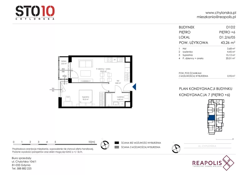 2 pokoje, mieszkanie 43,26 m², piętro 6, oferta nr CH110/M/D1.2.6.05, STO10 Chylońska - Etap 4, Gdynia, Chylonia, ul. Chylońska 110, 110c