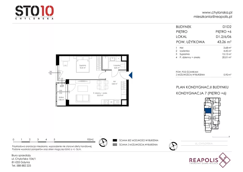 2 pokoje, mieszkanie 43,26 m², piętro 6, oferta nr CH110/M/D1.2.6.06, STO10 Chylońska - Etap 4, Gdynia, Chylonia, ul. Chylońska 110, 110c