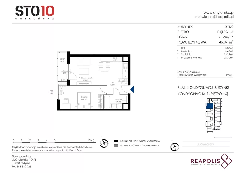 2 pokoje, mieszkanie 46,07 m², piętro 6, oferta nr CH110/M/D1.2.6.07, STO10 Chylońska - Etap 4, Gdynia, Chylonia, ul. Chylońska 110, 110c