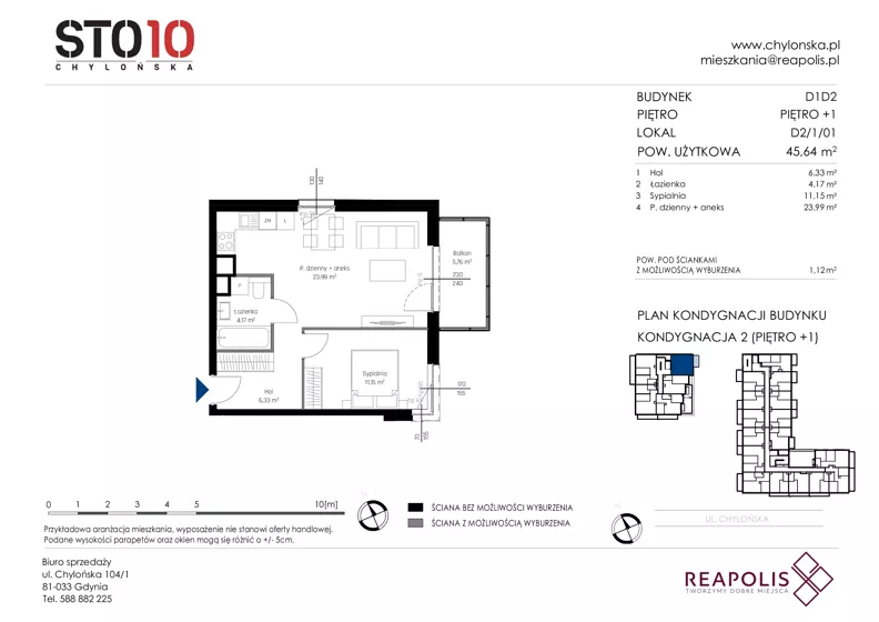 2 pokoje, mieszkanie 45,64 m², piętro 1, oferta nr CH110/M/D2.1.01, STO10 Chylońska - Etap 4, Gdynia, Chylonia, ul. Chylońska 110, 110c