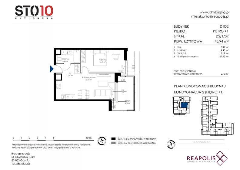 2 pokoje, mieszkanie 45,94 m², piętro 1, oferta nr CH110/M/D2.1.02, STO10 Chylońska - Etap 4, Gdynia, Chylonia, ul. Chylońska 110, 110c
