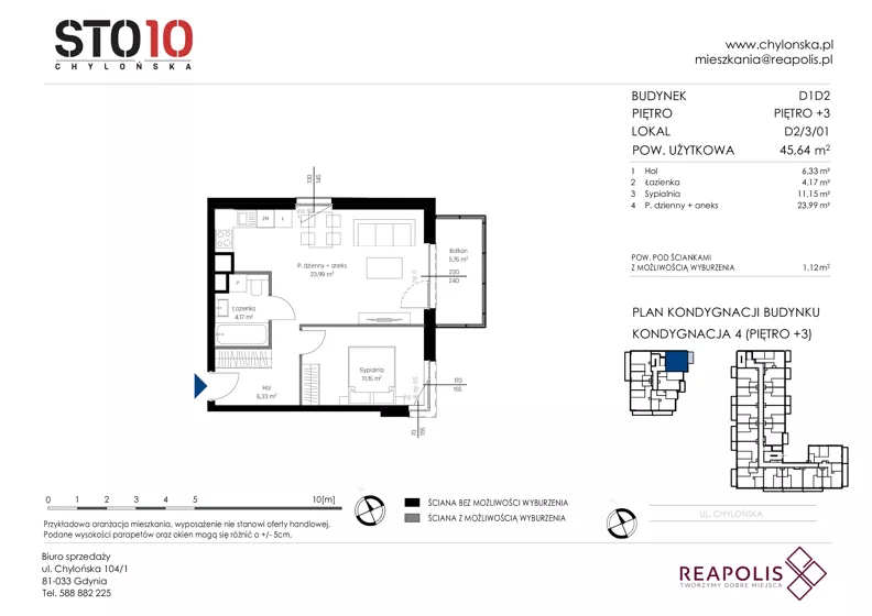 2 pokoje, mieszkanie 45,64 m², piętro 3, oferta nr CH110/M/D2.3.01, STO10 Chylońska - Etap 4, Gdynia, Chylonia, ul. Chylońska 110, 110c