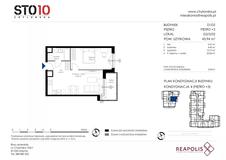 2 pokoje, mieszkanie 45,94 m², piętro 3, oferta nr CH110/M/D2.3.02, STO10 Chylońska - Etap 4, Gdynia, Chylonia, ul. Chylońska 110, 110c