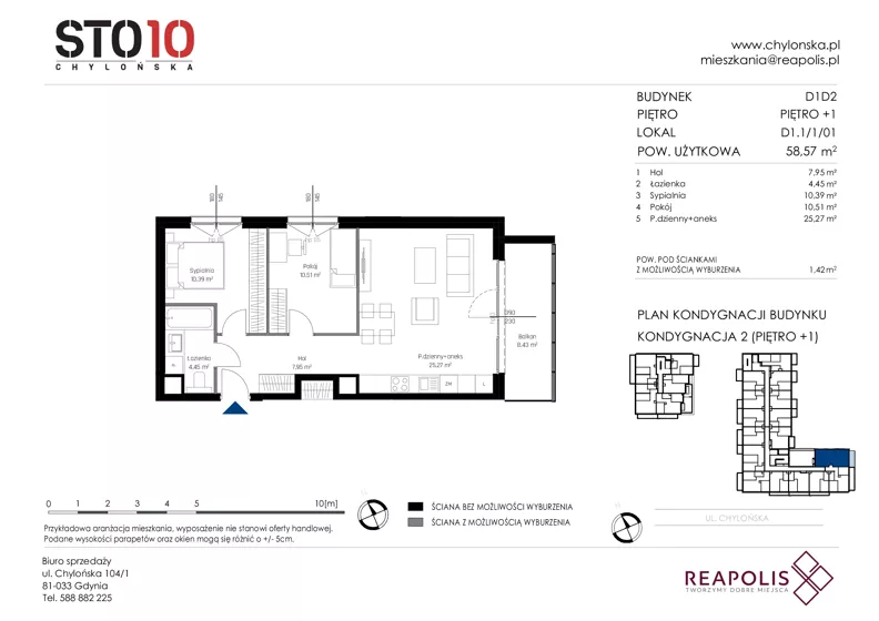 3 pokoje, mieszkanie 58,57 m², piętro 1, oferta nr CH110/M/D1.1.1.01, STO10 Chylońska - Etap 4, Gdynia, Chylonia, ul. Chylońska 110, 110c