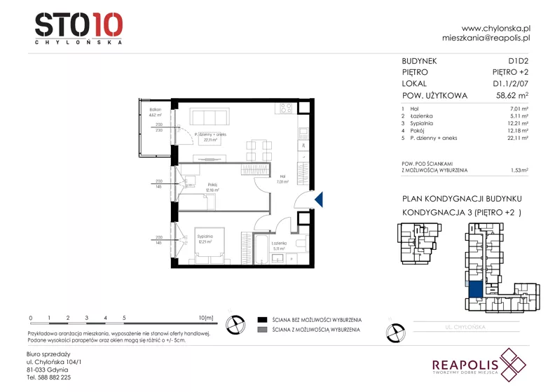3 pokoje, mieszkanie 58,62 m², piętro 2, oferta nr CH110/M/D1.1.2.07, STO10 Chylońska - Etap 4, Gdynia, Chylonia, ul. Chylońska 110, 110c