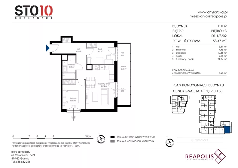3 pokoje, mieszkanie 53,47 m², piętro 3, oferta nr CH110/M/D1.1.3.02, STO10 Chylońska - Etap 4, Gdynia, Chylonia, ul. Chylońska 110, 110c