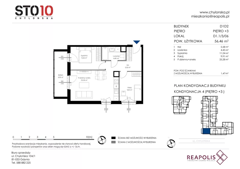 3 pokoje, mieszkanie 56,46 m², piętro 3, oferta nr CH110/M/D1.1.3.06, STO10 Chylońska - Etap 4, Gdynia, Chylonia, ul. Chylońska 110, 110c