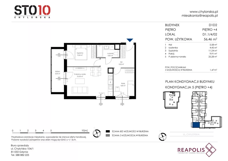 3 pokoje, mieszkanie 56,46 m², piętro 4, oferta nr CH110/M/D1.1.4.02, STO10 Chylońska - Etap 4, Gdynia, Chylonia, ul. Chylońska 110, 110c