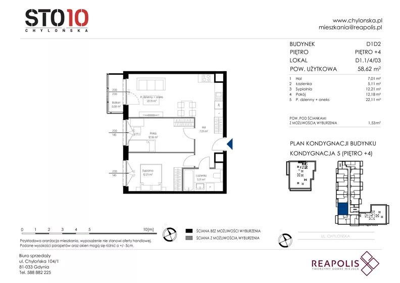 3 pokoje, mieszkanie 58,62 m², piętro 4, oferta nr CH110/M/D1.1.4.03, STO10 Chylońska - Etap 4, Gdynia, Chylonia, ul. Chylońska 110, 110c