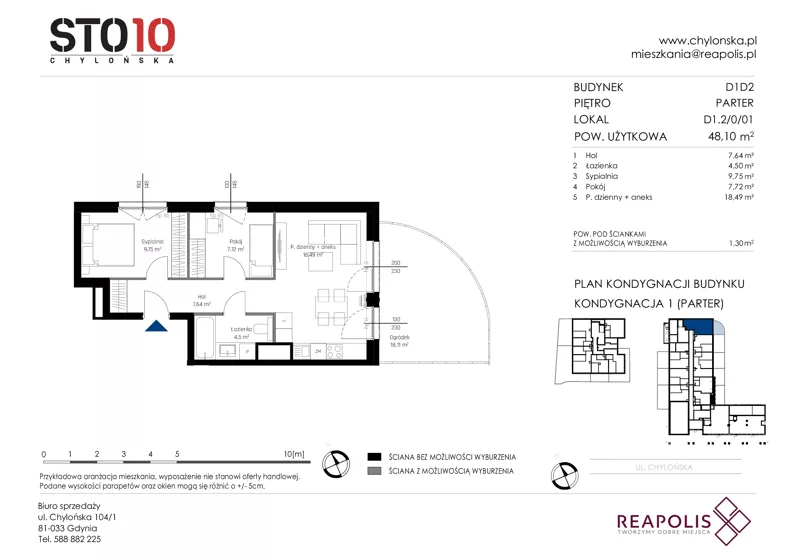 3 pokoje, mieszkanie 48,10 m², parter, oferta nr CH110/M/D1.2.0.01, STO10 Chylońska - Etap 4, Gdynia, Chylonia, ul. Chylońska 110, 110c