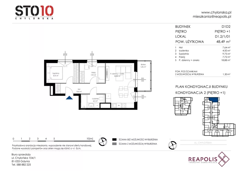 3 pokoje, mieszkanie 48,49 m², piętro 1, oferta nr CH110/M/D1.2.1.01, STO10 Chylońska - Etap 4, Gdynia, Chylonia, ul. Chylońska 110, 110c