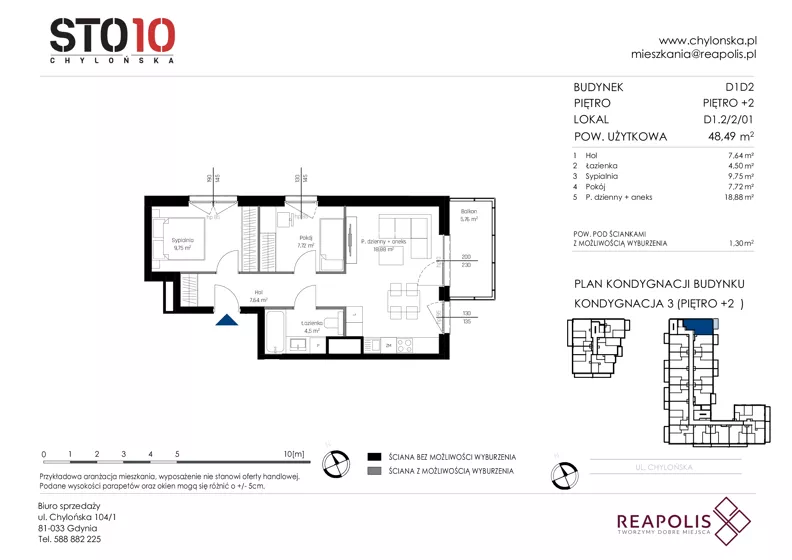 3 pokoje, mieszkanie 48,49 m², piętro 2, oferta nr CH110/M/D1.2.2.01, STO10 Chylońska - Etap 4, Gdynia, Chylonia, ul. Chylońska 110, 110c