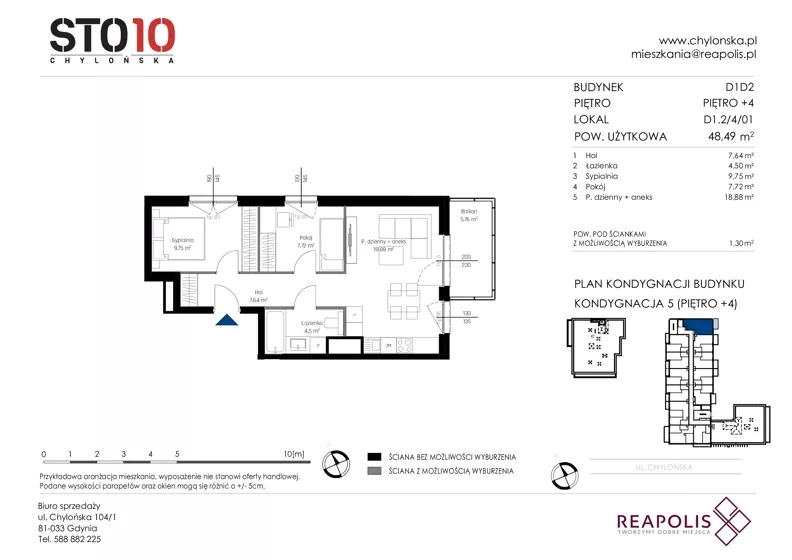3 pokoje, mieszkanie 48,49 m², piętro 4, oferta nr CH110/M/D1.2.4.01, STO10 Chylońska - Etap 4, Gdynia, Chylonia, ul. Chylońska 110, 110c