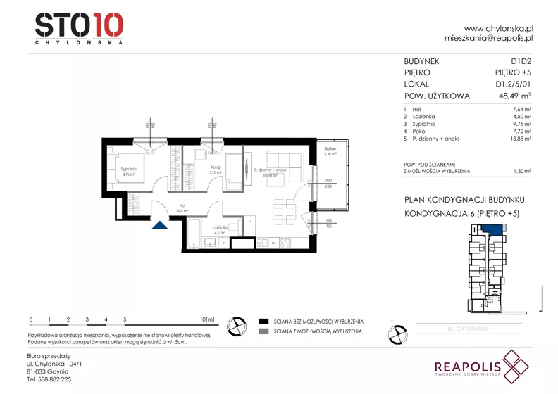 3 pokoje, mieszkanie 48,49 m², piętro 5, oferta nr CH110/M/D1.2.5.01, STO10 Chylońska - Etap 4, Gdynia, Chylonia, ul. Chylońska 110, 110c