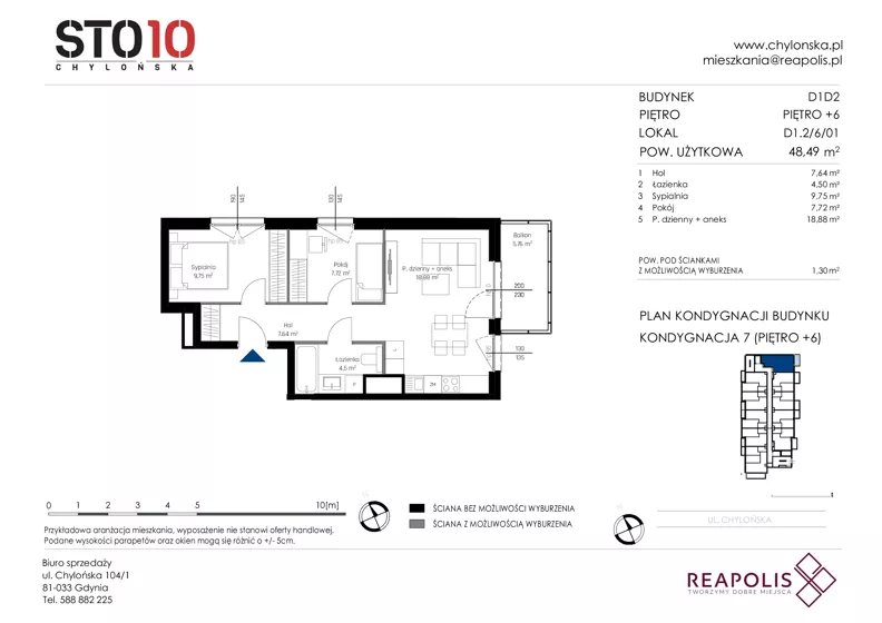 3 pokoje, mieszkanie 48,49 m², piętro 6, oferta nr CH110/M/D1.2.6.01, STO10 Chylońska - Etap 4, Gdynia, Chylonia, ul. Chylońska 110, 110c