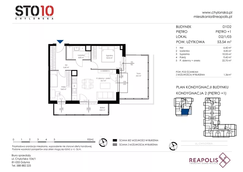 3 pokoje, mieszkanie 53,54 m², piętro 1, oferta nr CH110/M/D2.1.03, STO10 Chylońska - Etap 4, Gdynia, Chylonia, ul. Chylońska 110, 110c