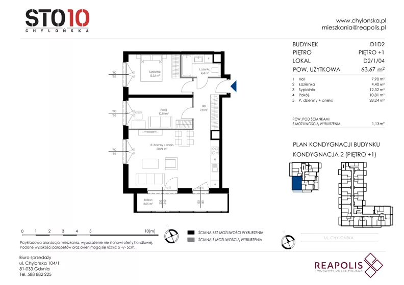 3 pokoje, mieszkanie 63,67 m², piętro 1, oferta nr CH110/M/D2.1.04, STO10 Chylońska - Etap 4, Gdynia, Chylonia, ul. Chylońska 110, 110c