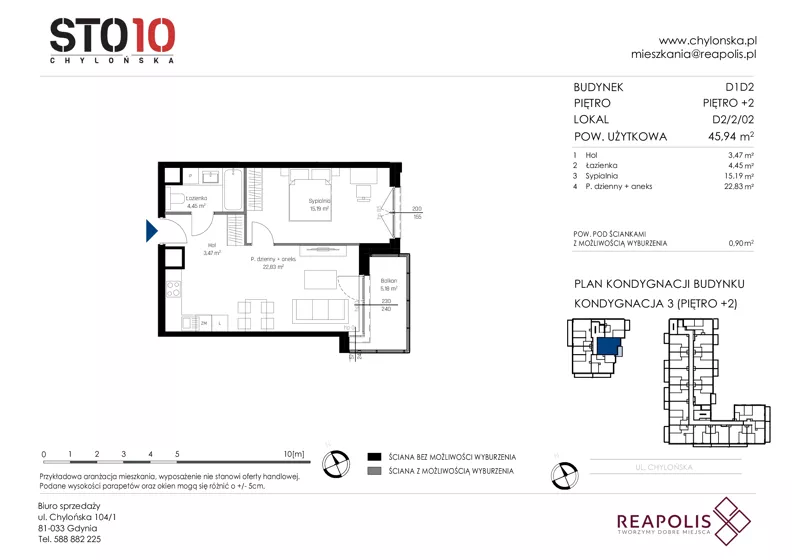 3 pokoje, mieszkanie 45,94 m², piętro 2, oferta nr CH110/M/D2.2.02, STO10 Chylońska - Etap 4, Gdynia, Chylonia, ul. Chylońska 110, 110c