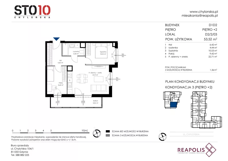 3 pokoje, mieszkanie 53,52 m², piętro 2, oferta nr CH110/M/D2.2.03, STO10 Chylońska - Etap 4, Gdynia, Chylonia, ul. Chylońska 110, 110c