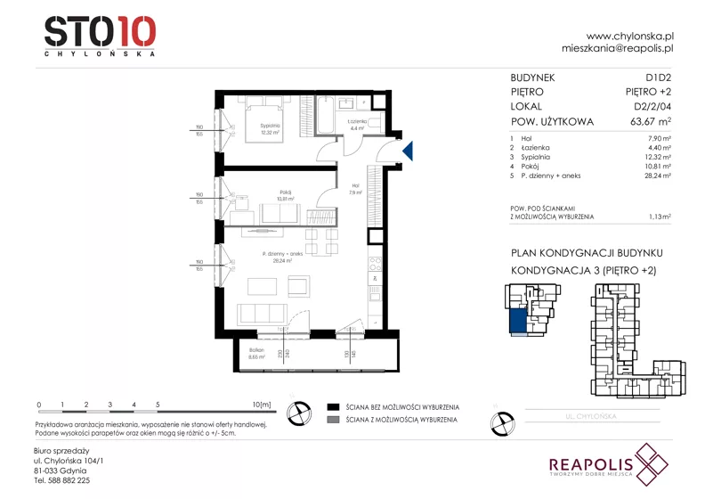 3 pokoje, mieszkanie 63,67 m², piętro 2, oferta nr CH110/M/D2.2.04, STO10 Chylońska - Etap 4, Gdynia, Chylonia, ul. Chylońska 110, 110c