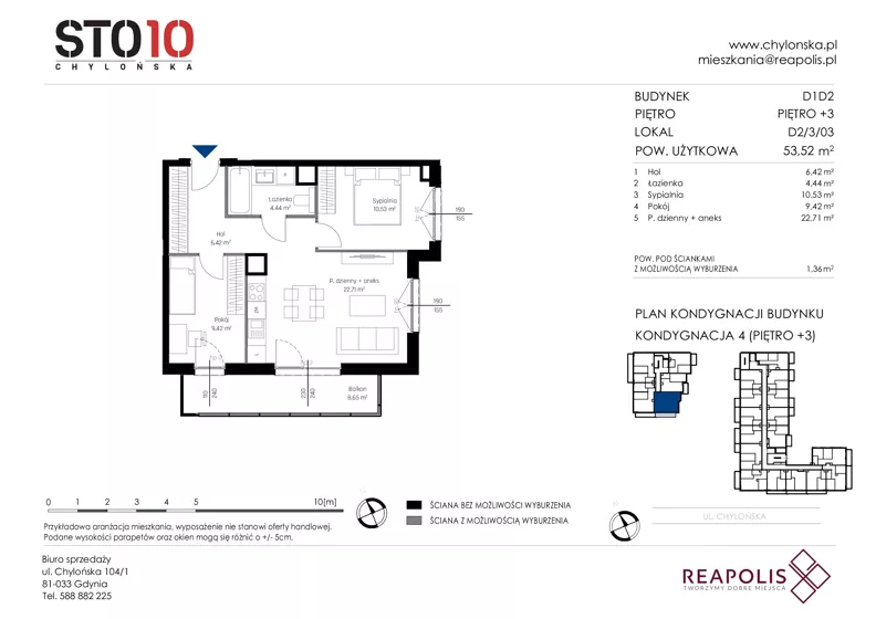 3 pokoje, mieszkanie 53,52 m², piętro 3, oferta nr CH110/M/D2.3.03, STO10 Chylońska - Etap 4, Gdynia, Chylonia, ul. Chylońska 110, 110c