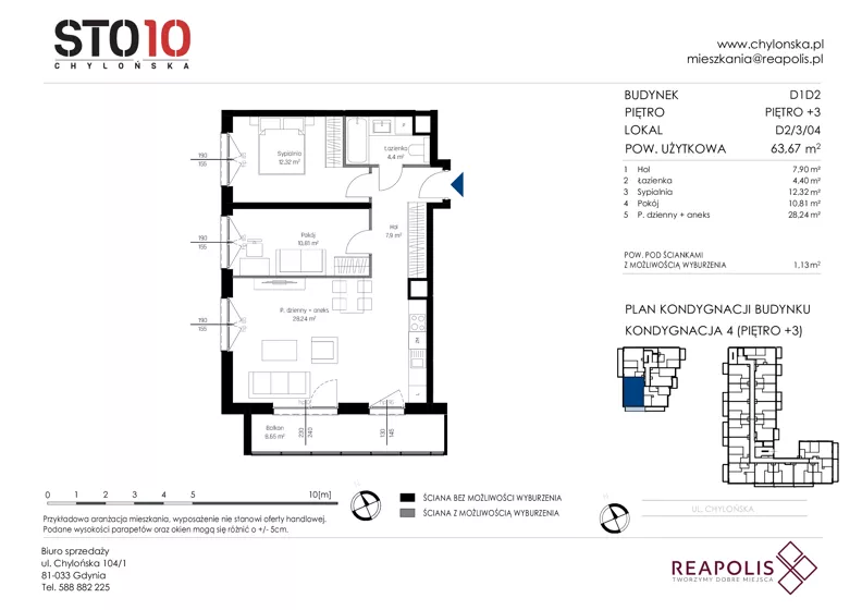 3 pokoje, mieszkanie 63,67 m², piętro 3, oferta nr CH110/M/D2.3.04, STO10 Chylońska - Etap 4, Gdynia, Chylonia, ul. Chylońska 110, 110c