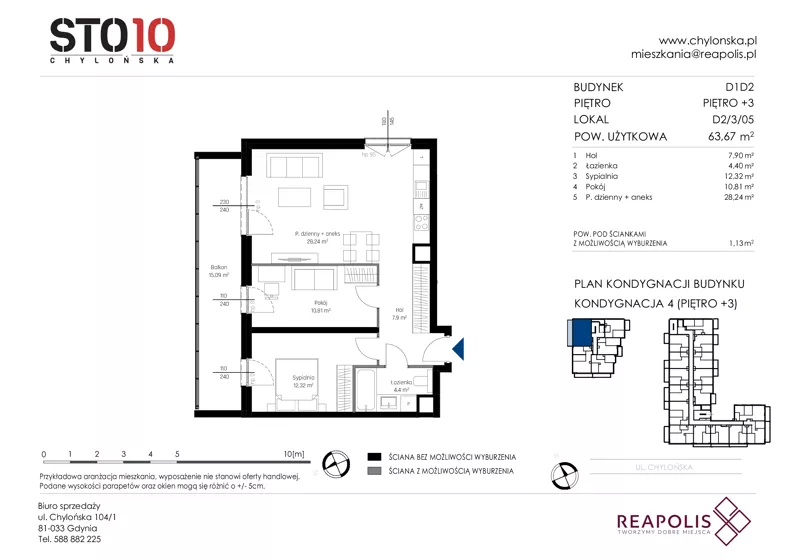 3 pokoje, mieszkanie 63,67 m², piętro 3, oferta nr CH110/M/D2.3.05, STO10 Chylońska - Etap 4, Gdynia, Chylonia, ul. Chylońska 110, 110c