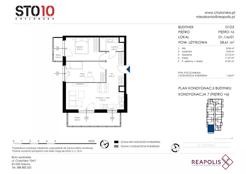 3 pokoje, mieszkanie 58,61 m², piętro 6, oferta nr CH110/M/D1.1.6.01, STO10 Chylońska - Etap 4, Gdynia, Chylonia, ul. Chylońska 110, 110c
