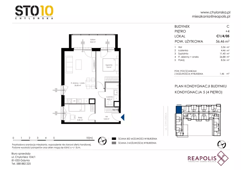 3 pokoje, mieszkanie 56,46 m², piętro 4, oferta nr C1/4/05, STO10 Chylońska, Gdynia, Chylonia, ul. Chylońska 108