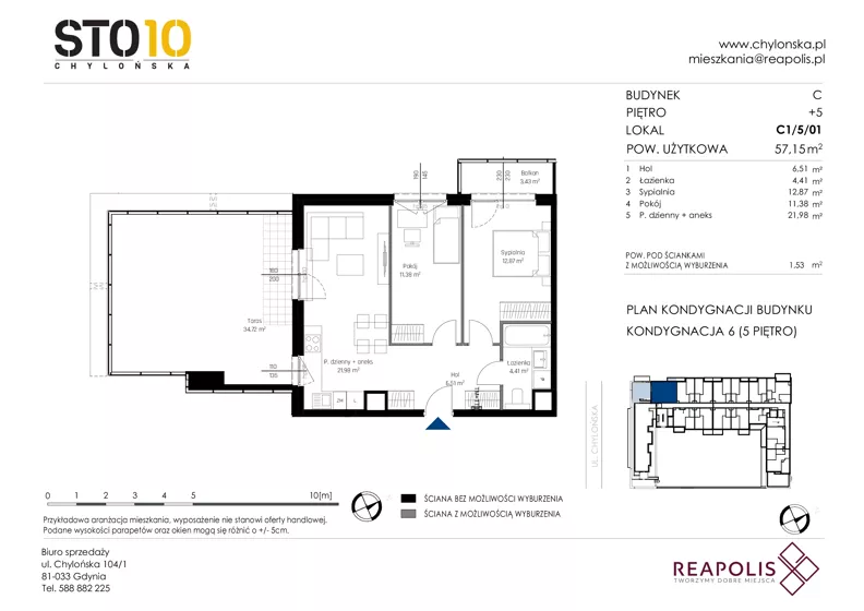 3 pokoje, mieszkanie 57,15 m², piętro 5, oferta nr C1/5/01, STO10 Chylońska, Gdynia, Chylonia, ul. Chylońska 108