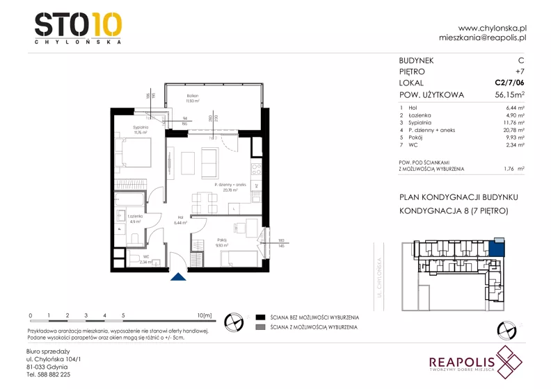 3 pokoje, mieszkanie 56,15 m², piętro 7, oferta nr C2/7/06, STO10 Chylońska, Gdynia, Chylonia, ul. Chylońska 108