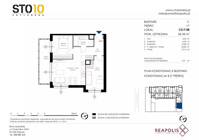 3 pokoje, mieszkanie 56,34 m², piętro 7, oferta nr C2/7/08, STO10 Chylońska, Gdynia, Chylonia, ul. Chylońska 108