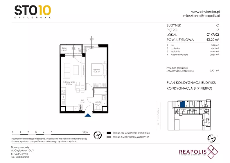 2 pokoje, mieszkanie 43,20 m², piętro 7, oferta nr C1/7/02, STO10 Chylońska, Gdynia, Chylonia, ul. Chylońska 108