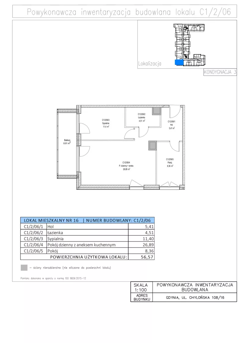 3 pokoje, mieszkanie 56,57 m², piętro 2, oferta nr C1/2/06, STO10 Chylońska, Gdynia, Chylonia, ul. Chylońska 108