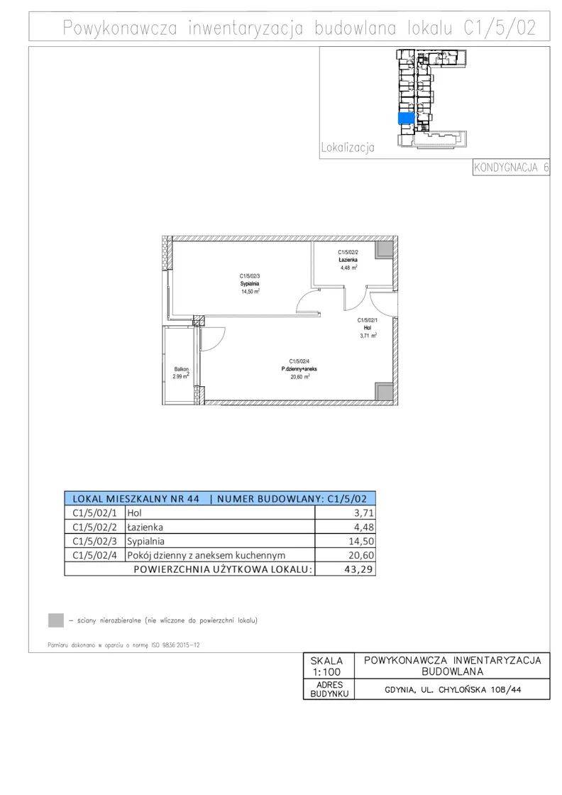 2 pokoje, mieszkanie 43,29 m², piętro 5, oferta nr C1/5/02, STO10 Chylońska, Gdynia, Chylonia, ul. Chylońska 108